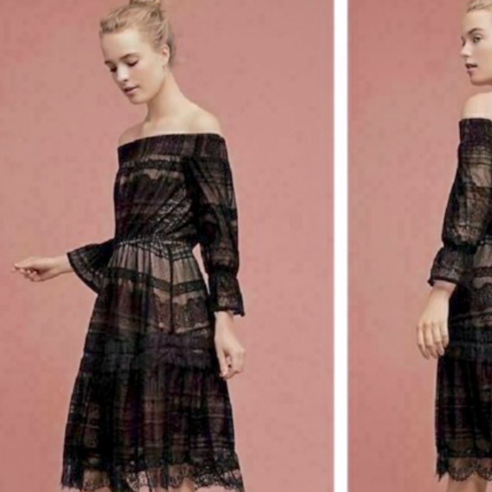 HD in Paris Anthropologie Adelyn Black Lace Off Shoulder Midi Dress Classy Small